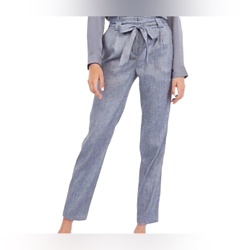 Express Blue Ankle High Rise Belted Linen Blend Pant NWT MSRP $79.98